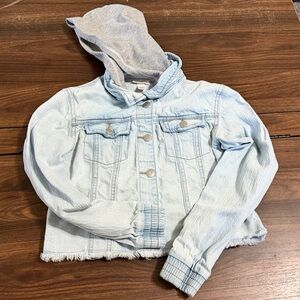 Cat & Jack Distressed Light Blue Denim Jacket Gray Hood raw trim Girls  L 10/12